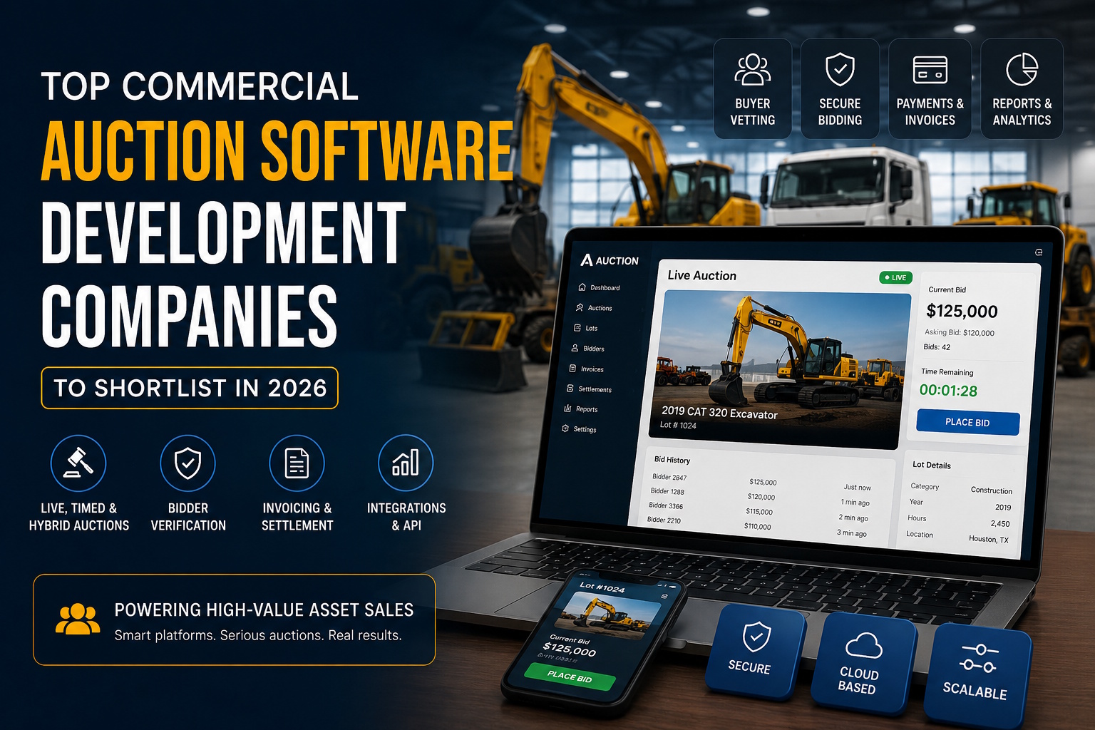Top commercial auction software development companies in 2026 with industrial auction platform dashboard